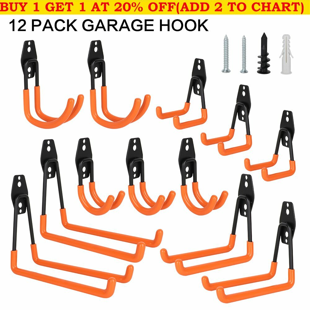 12Pack Garage Tool Organizer Wall Mount Hooks Adjustable Storage Holders Hooks