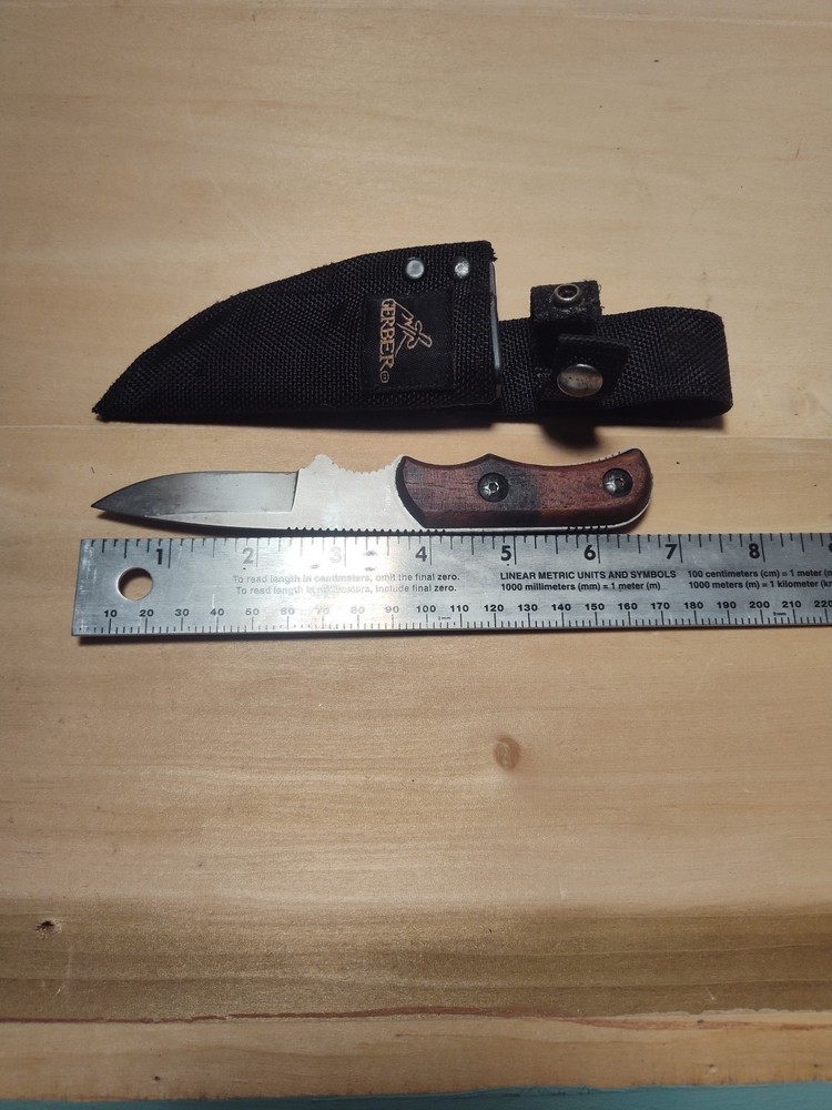 Used Gerber Profile Drop Point Fixed Blade Knife With Wooden Handle And Sheath