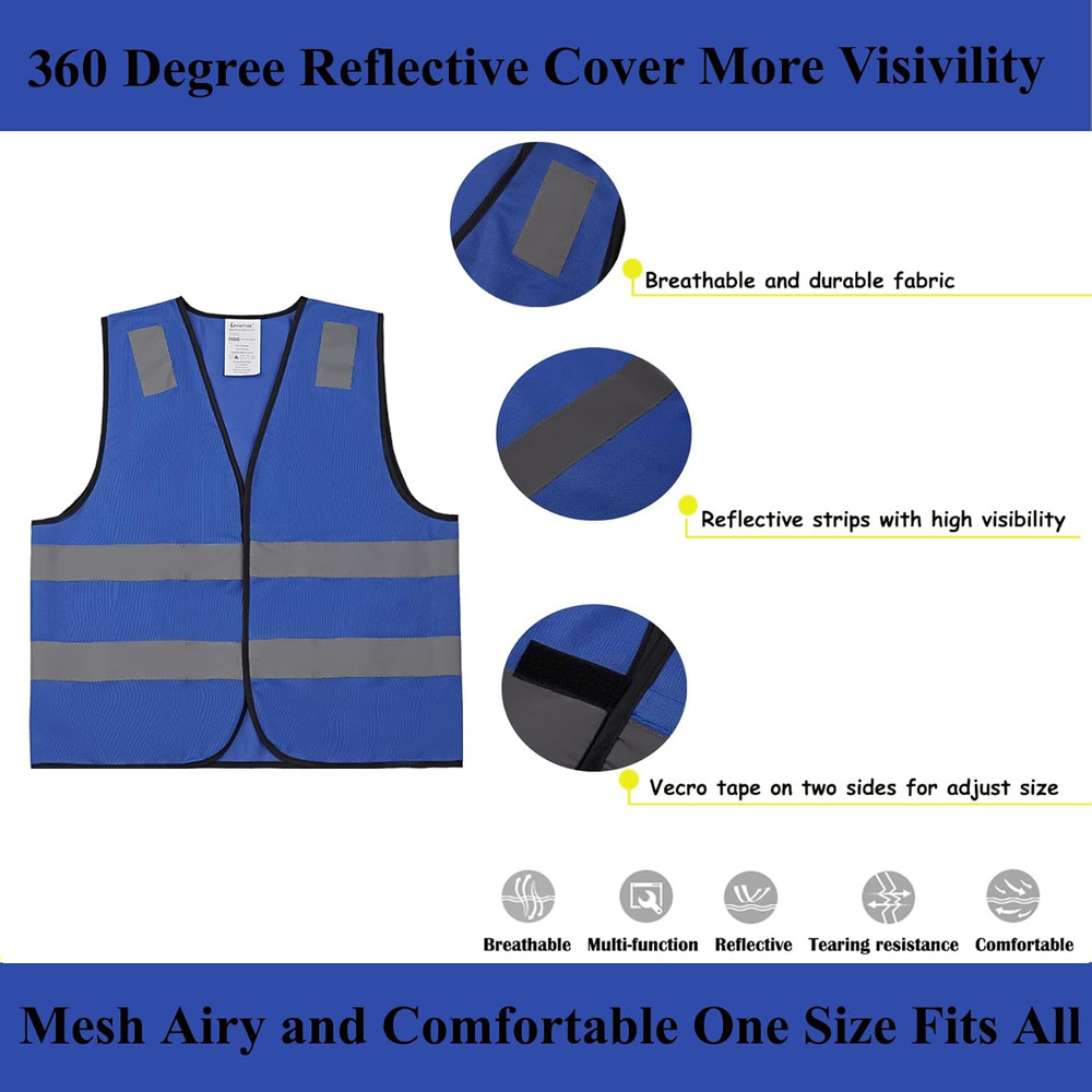 Blue Safety Vests 10 Pack - Reflective High Visibility Construction ANSI Class 2