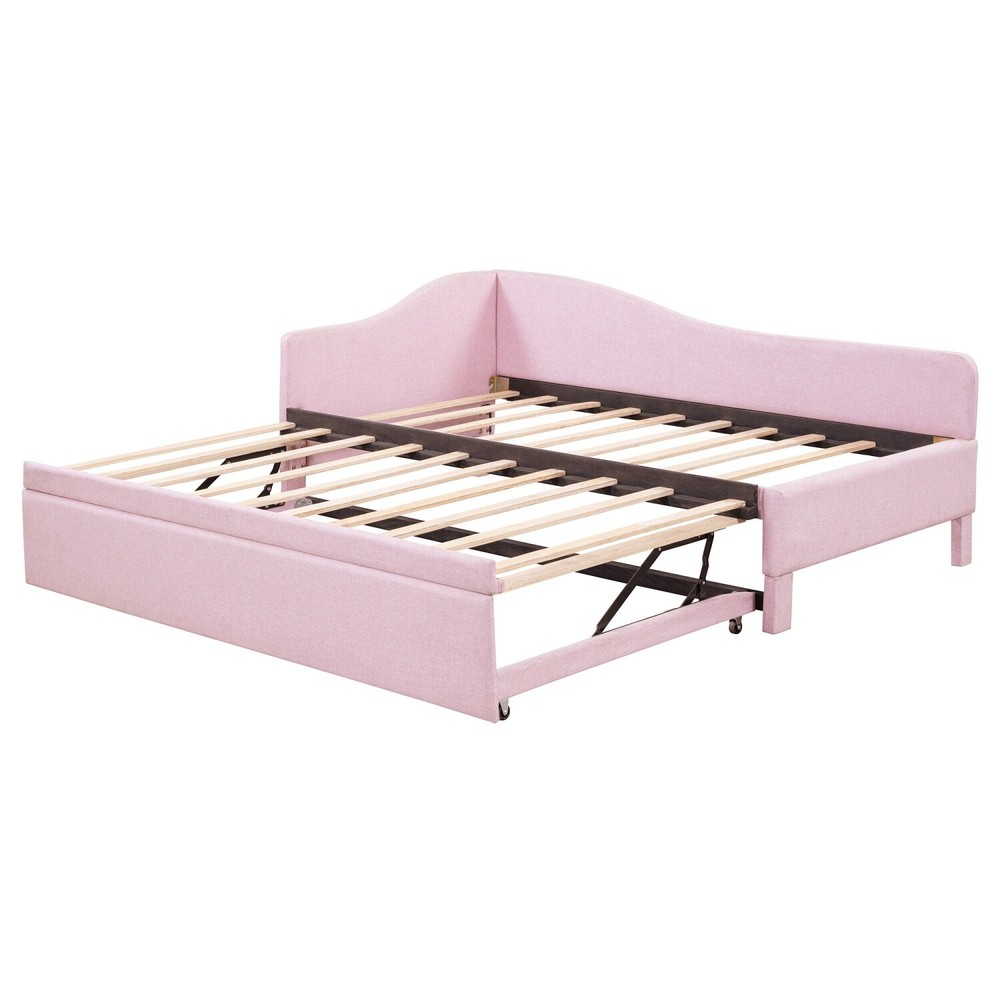 Twin Size Daybed Linen Upholstered Bed Frame Sofa Bed w/ Pull Out Trundle Bed