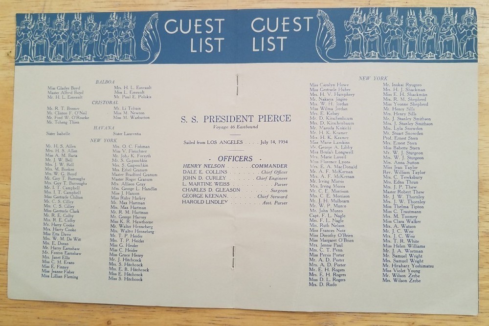 PRESIDENT PIERCE (Dollar) 1934 Passenger List