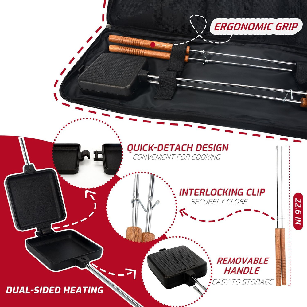 Large Cast Iron Campfire Pie Iron Sandwich Maker - 2 Pcs with Storage Bag