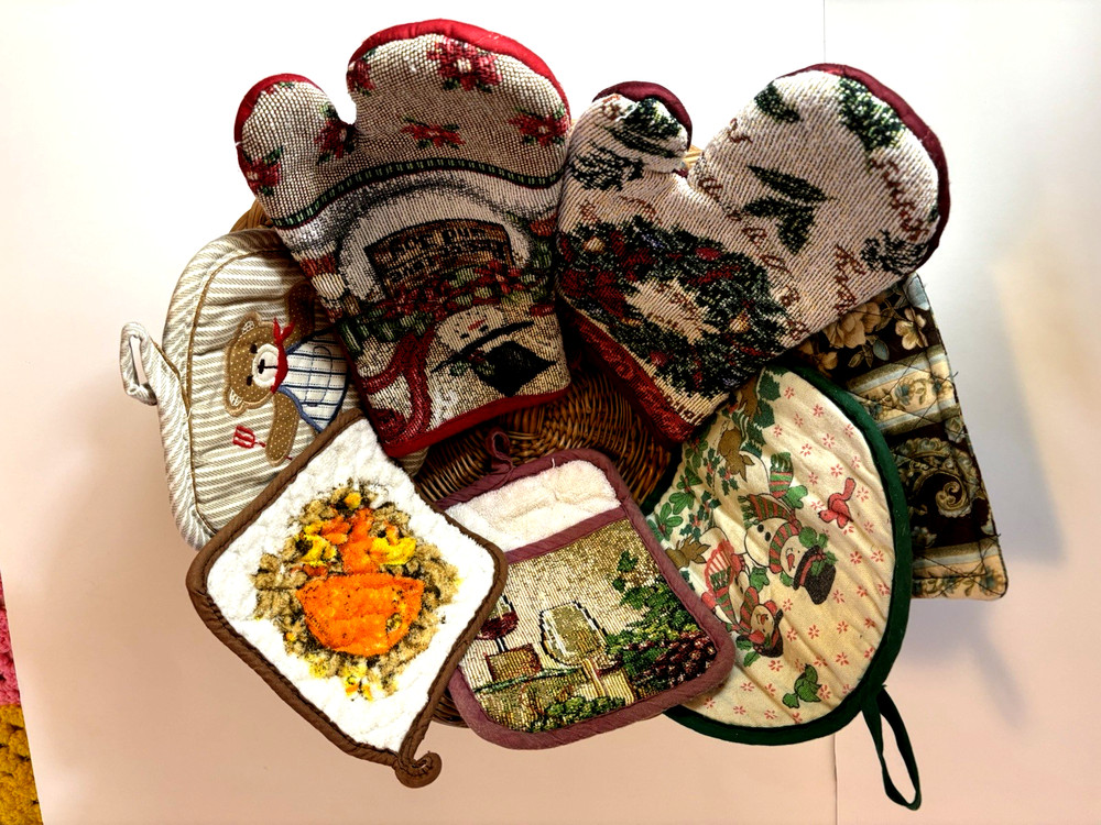 7 Potholders And Mittens In A Basket