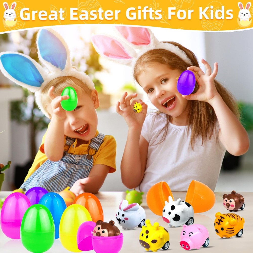 12 Pack Filled Easter Eggs with Toys Inside, Animals Bunny Pull Multicolor
