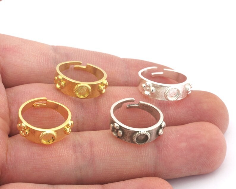 Flower Adjustable Ring Bezel Base Blank setting raw brass,Shiny gold-silver 4478