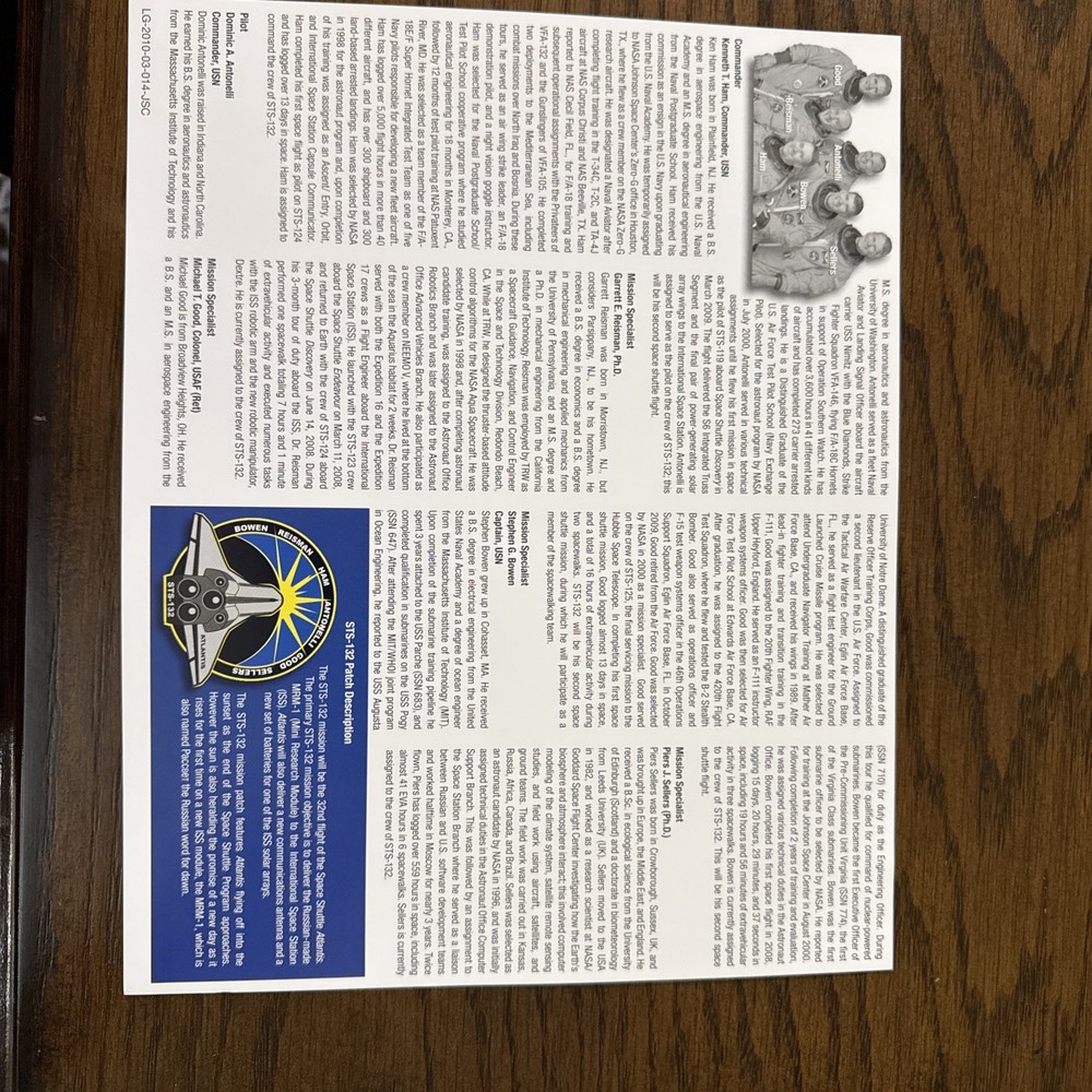 NASA Space Shuttle STS-132 Crew Lithograph (8x10)