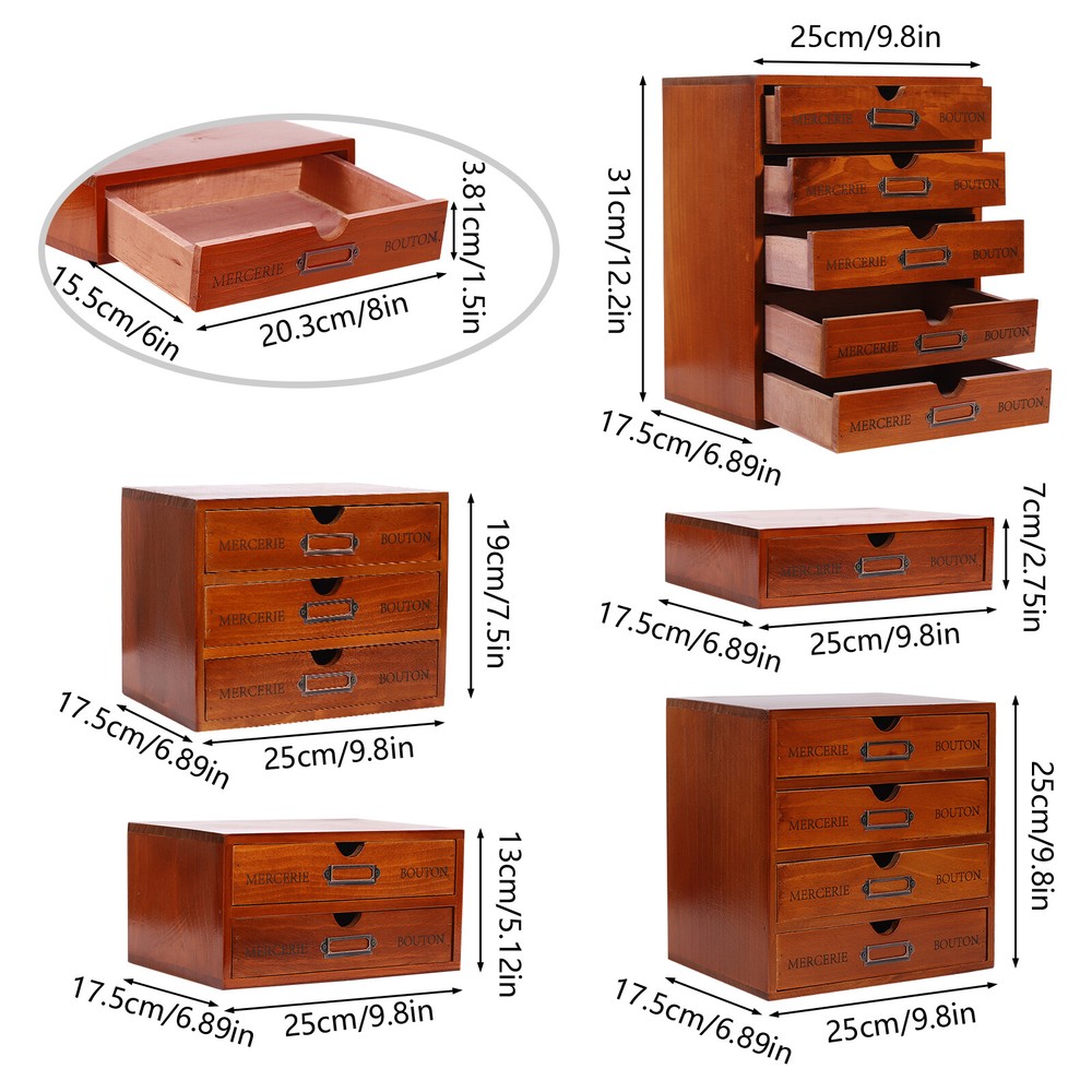 5 PCS Wooden Desktop Organizers Retro Rectangular Storage Drawers For Tabletop