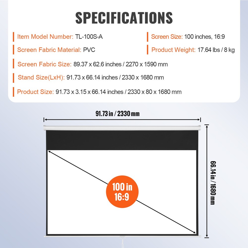 VEVOR Manual Pull Down Projector Screen 100 inch 16:9 4K 1080 HD Retractable