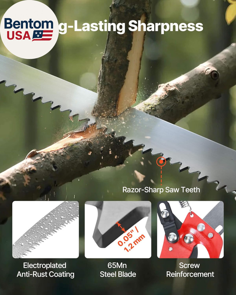 Manual Pole Saw, 3.87-27 Ft Extendable Pole Tree Pruner with Scissors, Sharp 65M
