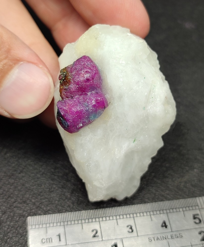 Fluorescent Red Ruby Corundum Twin Crystals on marble with Micro Golden Pyrite