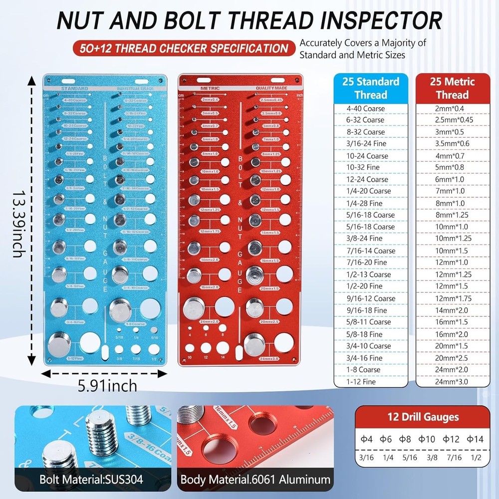 62 Nut and Bolt Size Finder & Thread Checker, Nut and Bolt Thread Checker​ Ki...