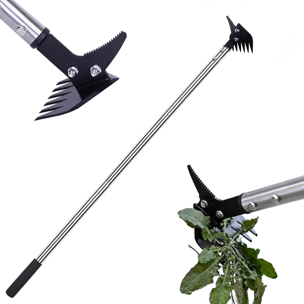Weed Puller 61" Adjustable Long Handle,2-in-1 Weed Rake & Crack Weeder with D...