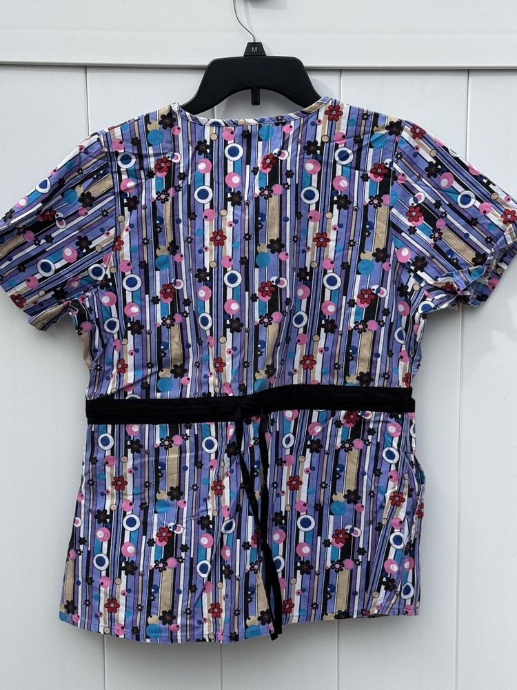 Radiance Scrub Top Double Side Pockets Rear Tie Back Blue Multicolors Medium