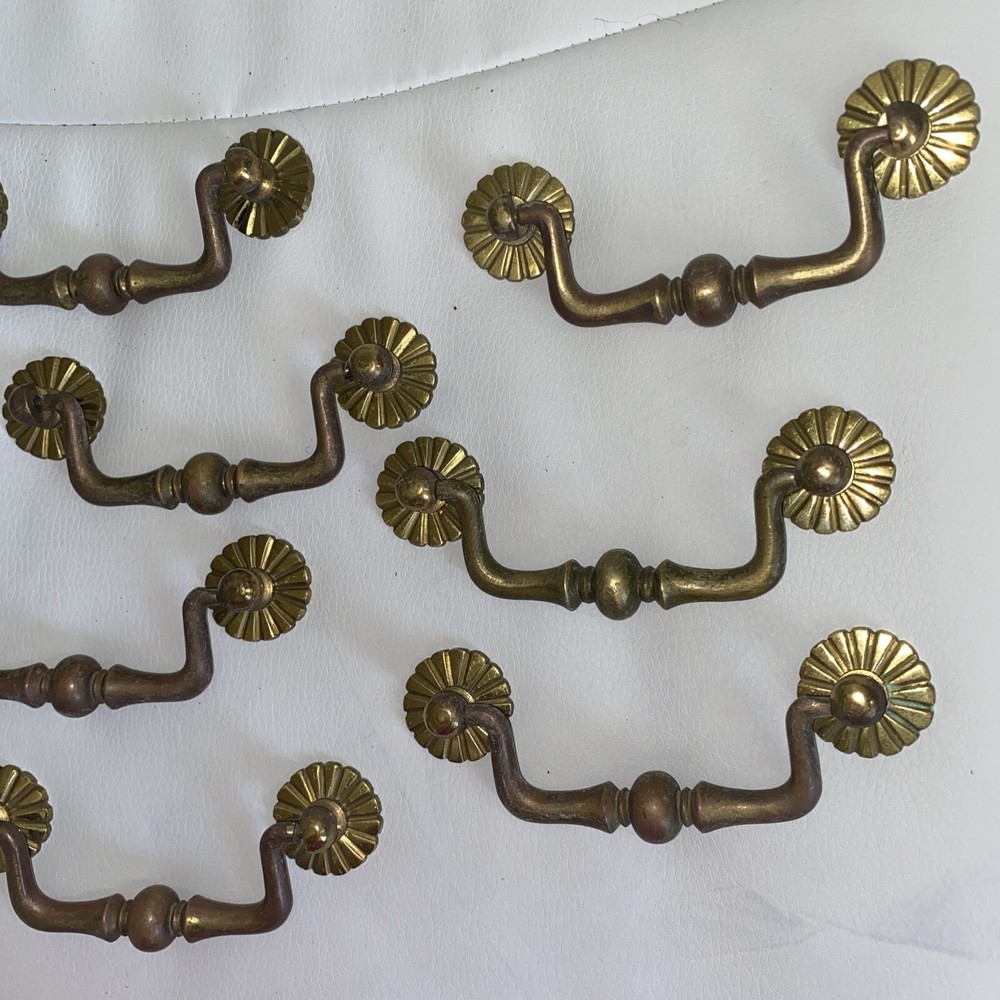 Vintage MCM Drawer Drop Pull Handle Sunburst 5” Brass Lot Of 7