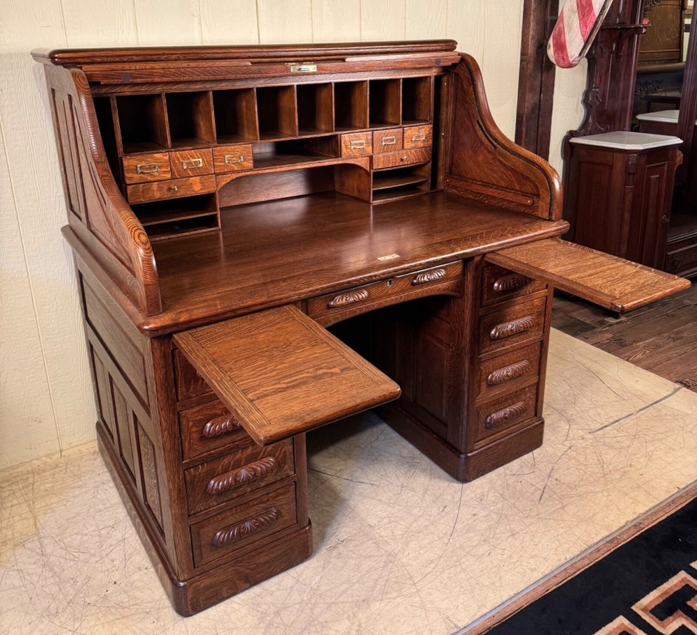 Antique Oak 50" Raised Panel S-Roll Top Desk with Carved Pulls