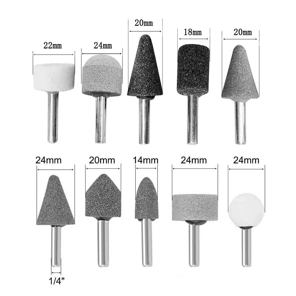10 Pack Various Shapes Abrasive Grinding Stone Mounted Grinding Bits 1/4" Shank
