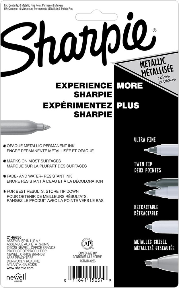 Sharpie Metallic Permanent Markers - 6 Count, Fine Point for Creative Expression