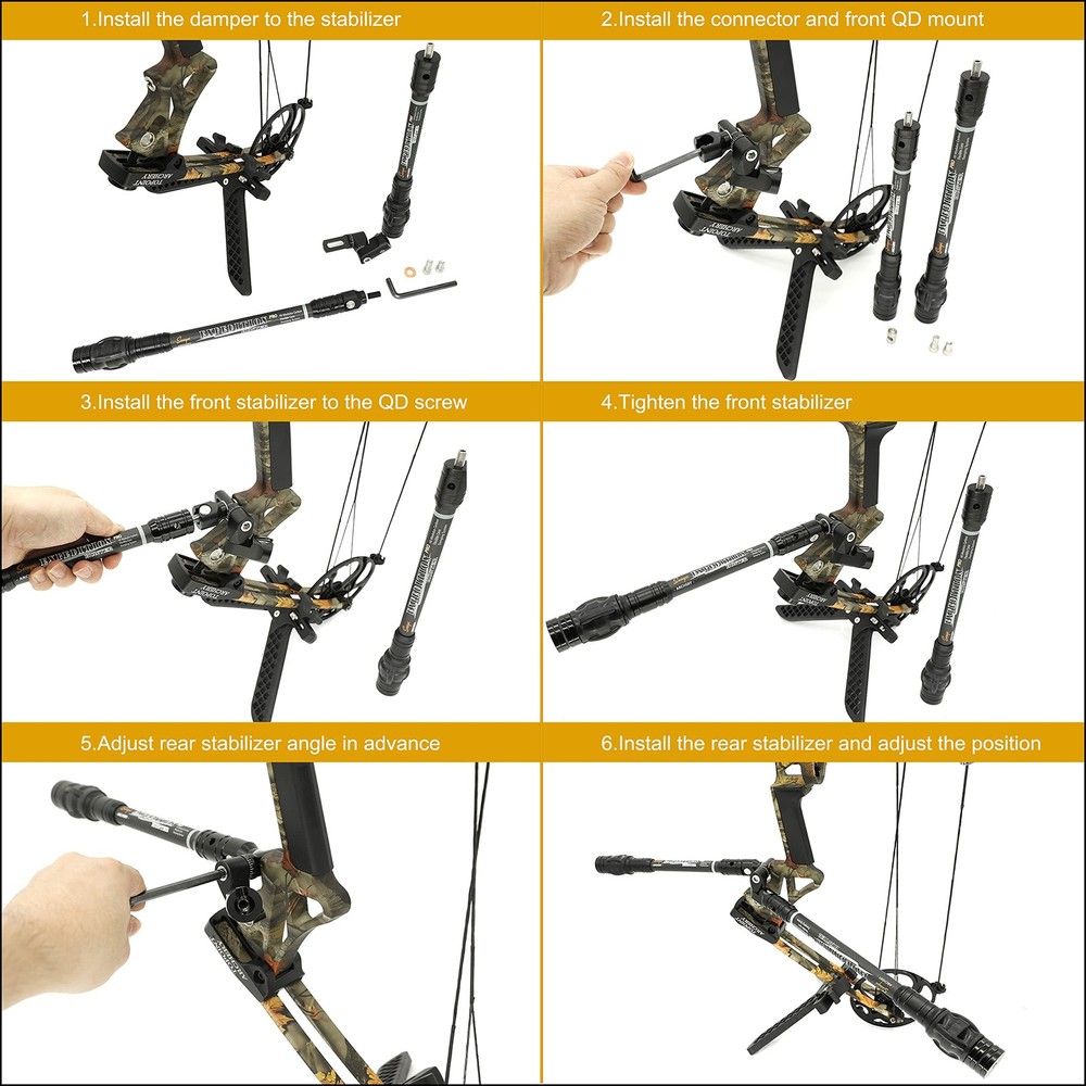 Archery 3in1 Compound Bow Stabilizer Kit, 8"+10" + Quick Disconnect v bar Mou...