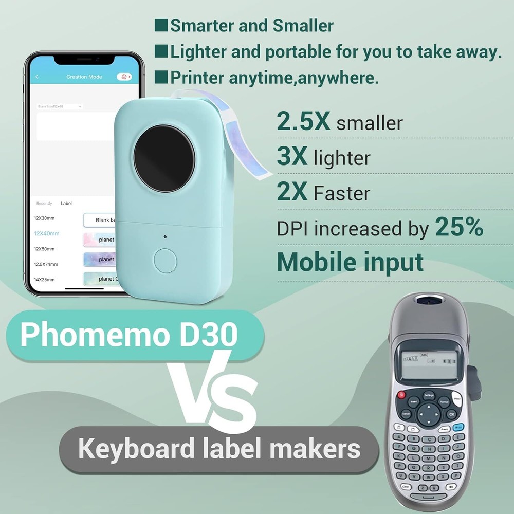 Phomemo D30 Label Maker Machine with Tape Bluetooth Small Label Printer - Green