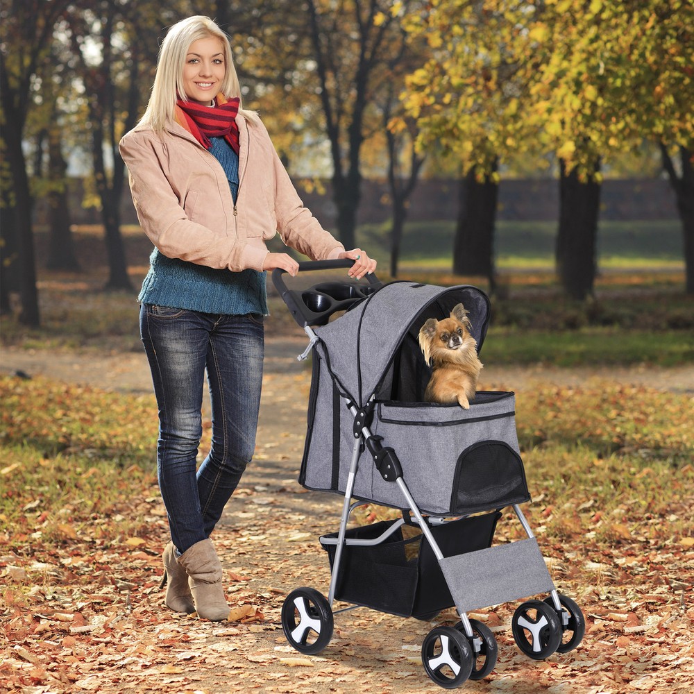 Collapsible Gray Pet Stroller with Mesh Windows and Smooth Zippers