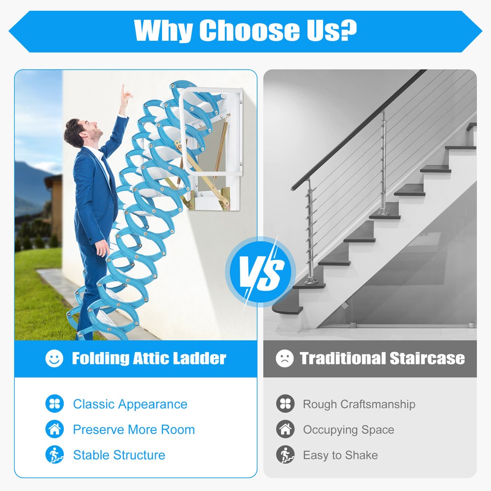 🔥12 Steps Loft Wall Folding Pulldown Attic Ceiling Ladder Stairs 1102.3 lbs