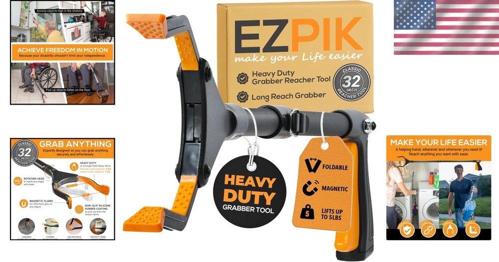 32" Folding Grabber Reacher Tool with Dual Magnets