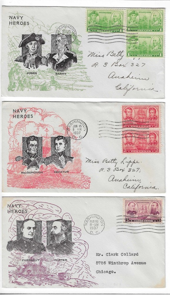 FDC's #785-94 Army/Navy -- Bronesky set 1936-37