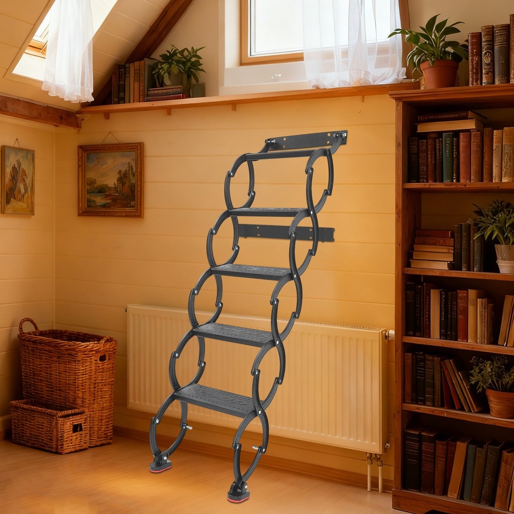 5-Step Wall Mounted Folding Ladder, Black Retractable Telescoping Step Stairs