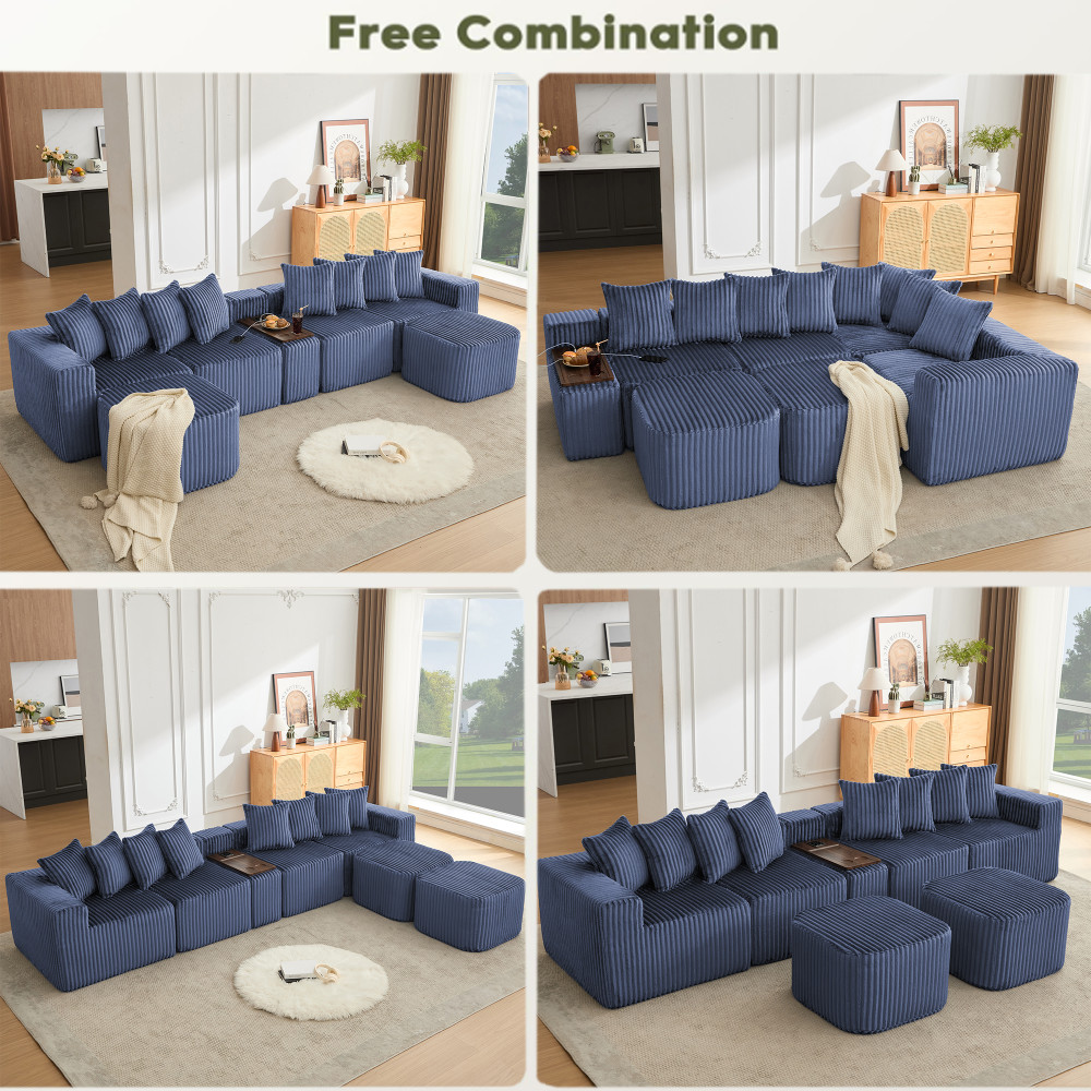 Blue Corduroy Modular Sectional Sofa with USB and Wireless Charging