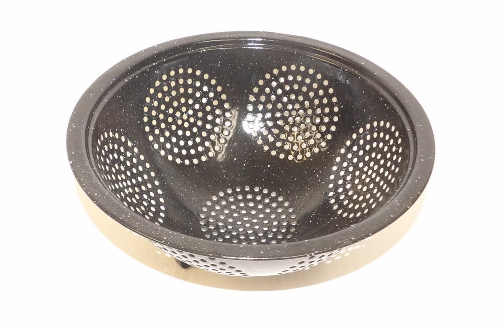 Black Enamelware Strainer Collander - Vintage Kitchen Tool