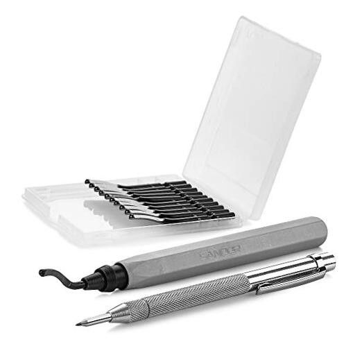 Deburring Tool - 10 Extra Blades and Scribe Pen and Zipper Storage Case -