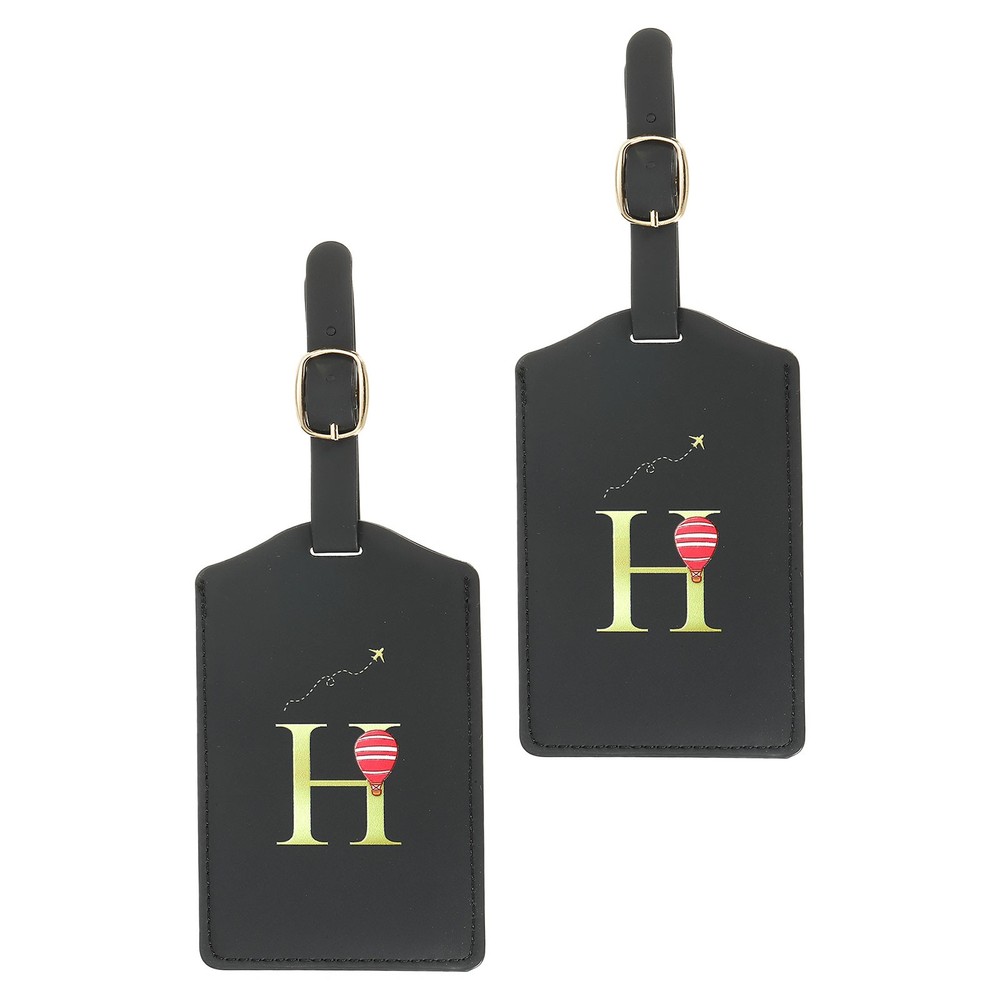 2 Pack Initial Luggage Tags, Letter PU Leather Suitcases Tags, Black (H)
