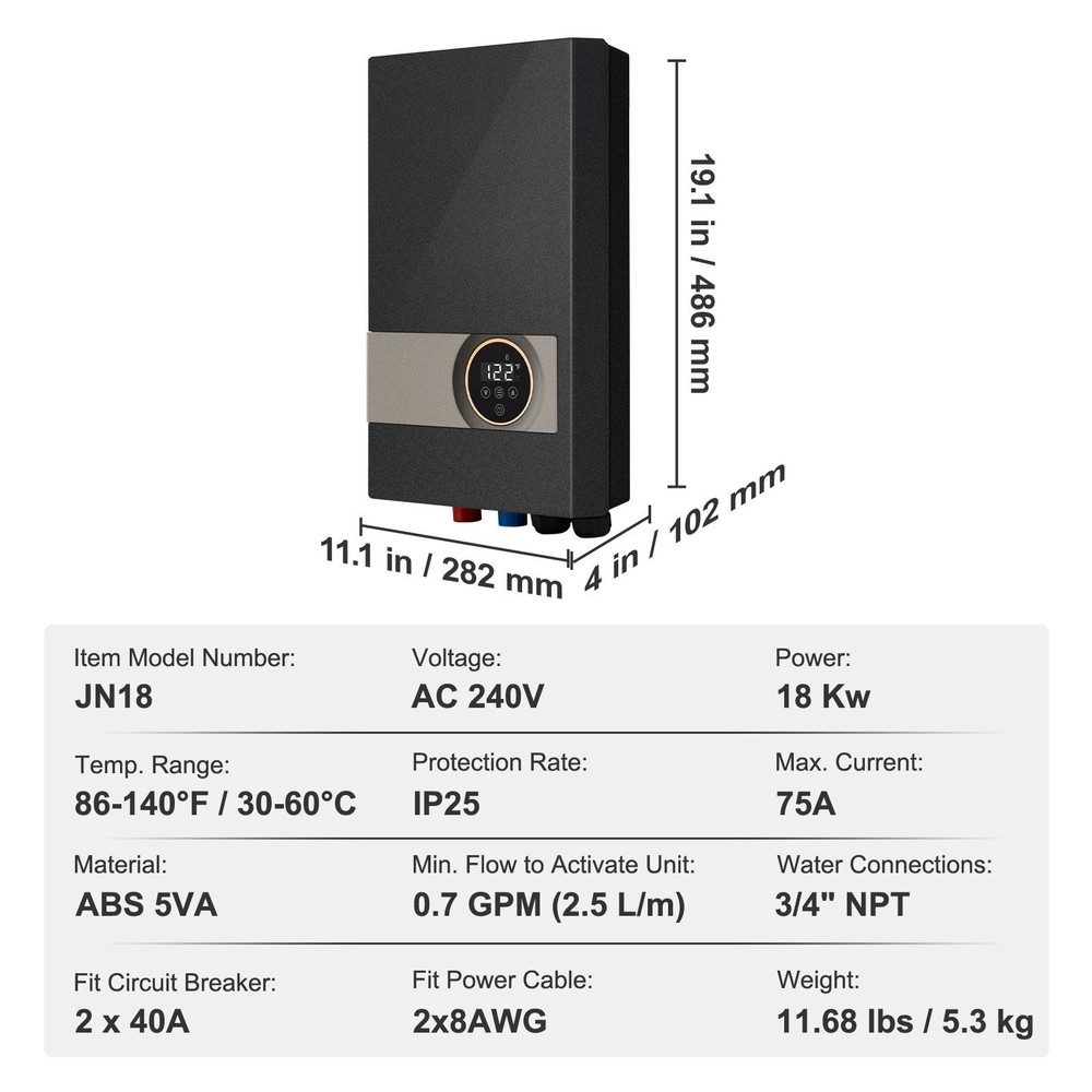 Electric Tankless Water Heater 18kW, for Kitchen & Shower Use