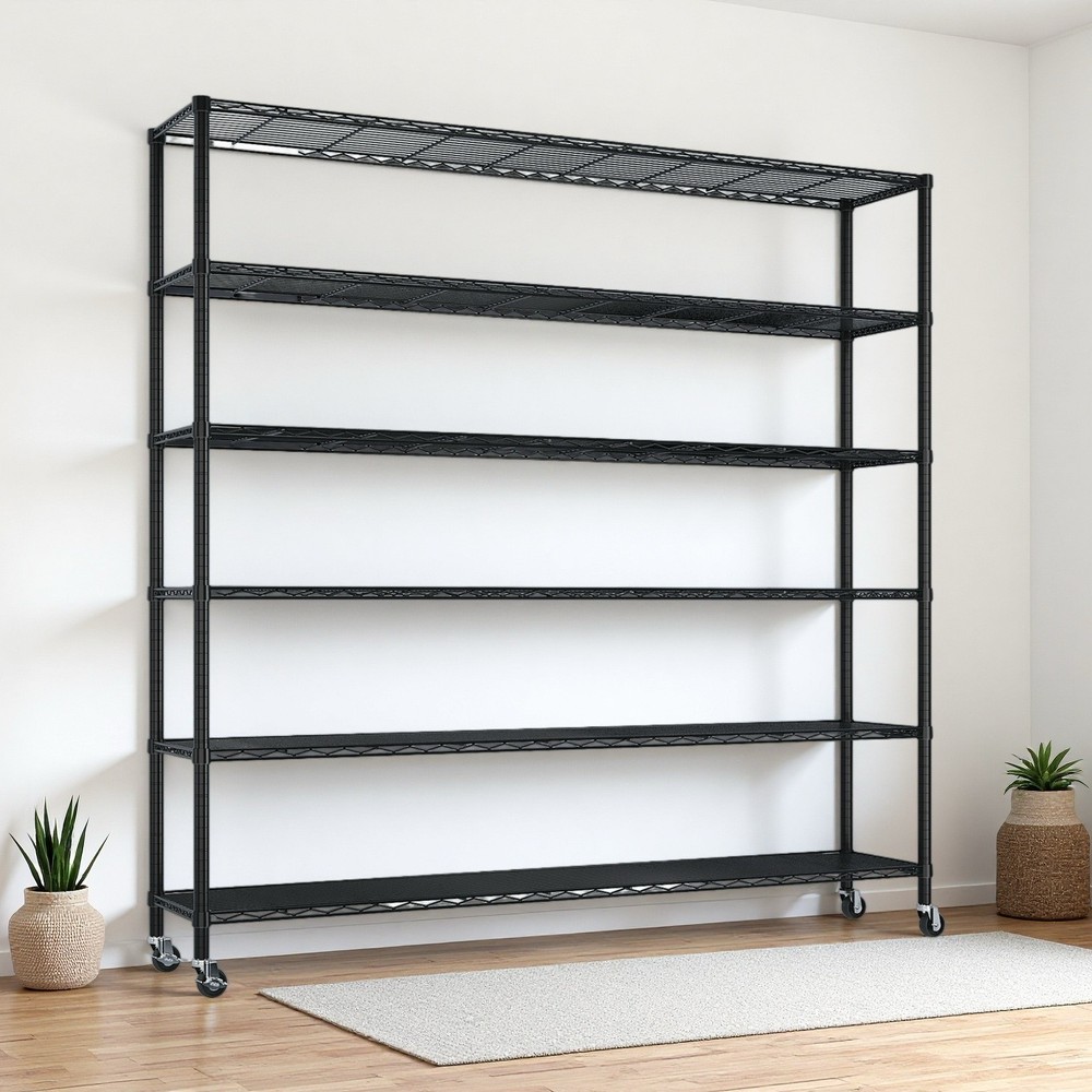 6-Tier Rolling Wire Shelving Unit - Heavy Duty, Adjustable, Modular & Black