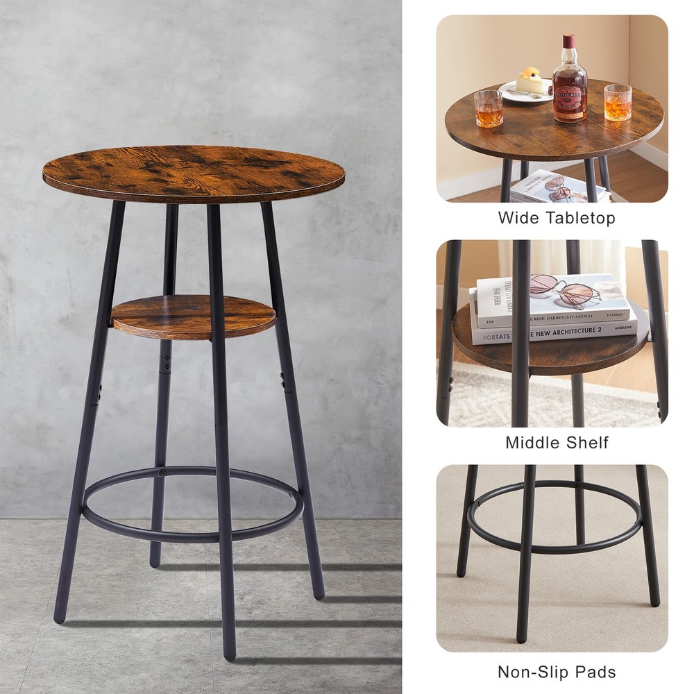 Rustic Brown Upholstered Round Bar Stools - With Shelf
