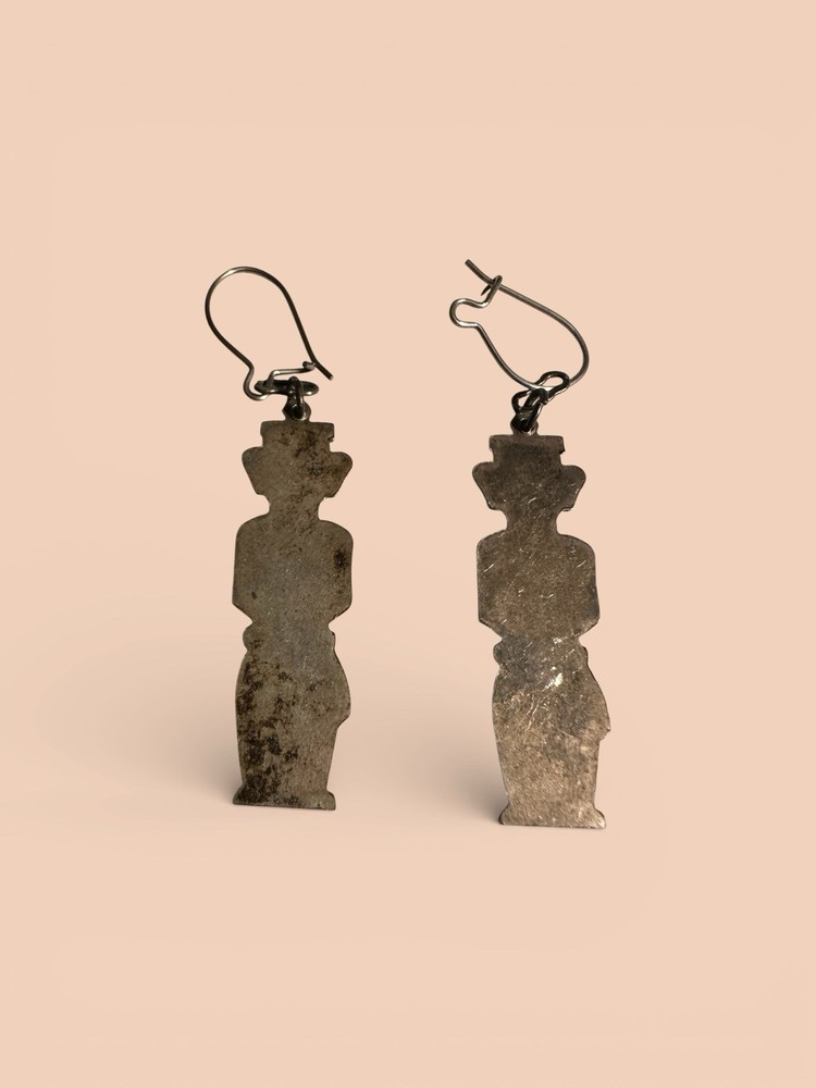 Tribal Figure Earrings Silver Tone Boho Ethnic Statement Dangles 1.5”