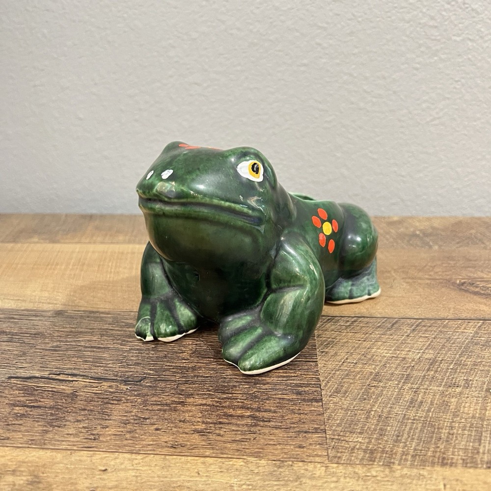 Vintage Pottery Ceramic Green Frog Toad Planter