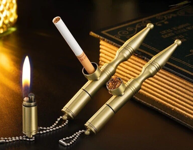 Pipe w/ Built-In Kerosene Lighter Solid Brass Smoking Aid Set