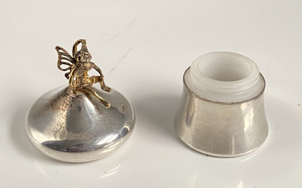 Vintage Carrs Solid Silver Seated Tooth Fairy Gilded Keepsake Box Mushroom Shape
