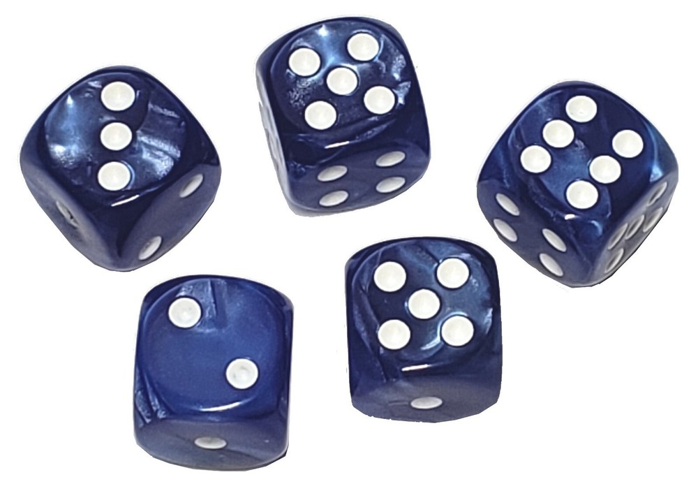 (5) 16mm Deluxe Marbleized Dark Blue Dice High Quality Rounded Corners + Pouch