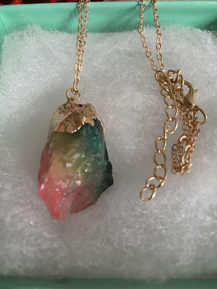 Natural Rainbow Agate drop with gold tone necklace