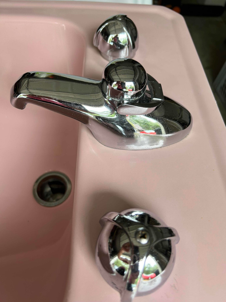 1954 Crane Pink Bathroom Sink - Drop-In - Atomic Chrome Knobs - Square Corners!