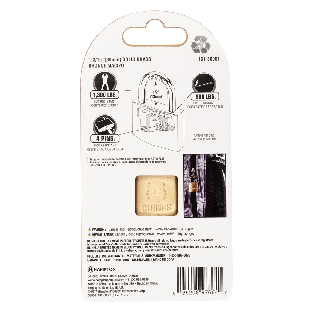 (3 pack) Brinks Solid Brass 30mm Keyed Padlock with 5/8in Shackle