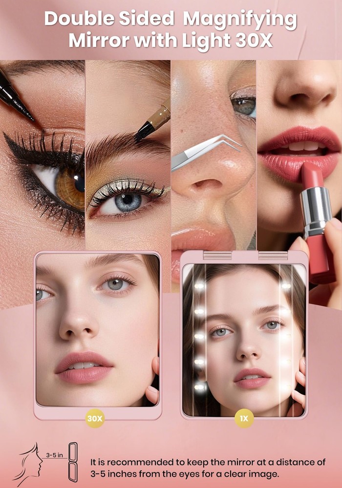 Compact Mirror, Rechargeable 30X Magnifying Mirror with 3 Lighting Modes  Dim...