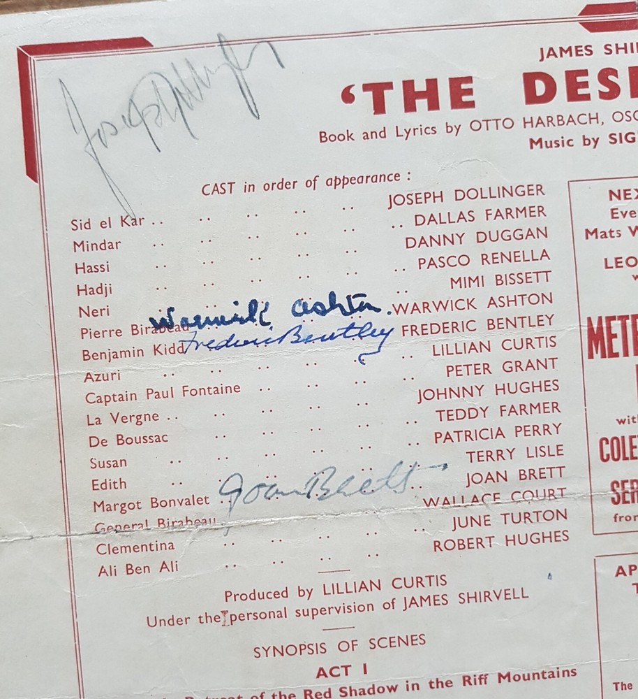 Warwick Ashton Hand Written Letter & Multi Signed 1947 Palace Theatre Programme