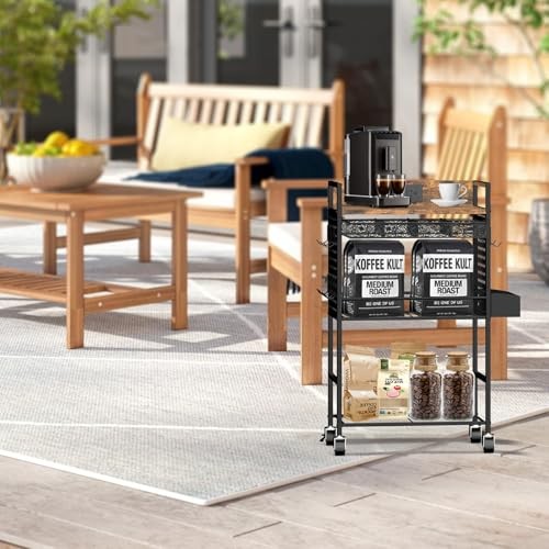 Compact Coffee Bar Cabinet with Power Outlet, Lockable Wheels, and Storage