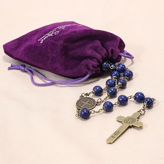 Natural Lapis Lazuli Stone Rosary Beads Necklace St. Benedict Cross and Medal