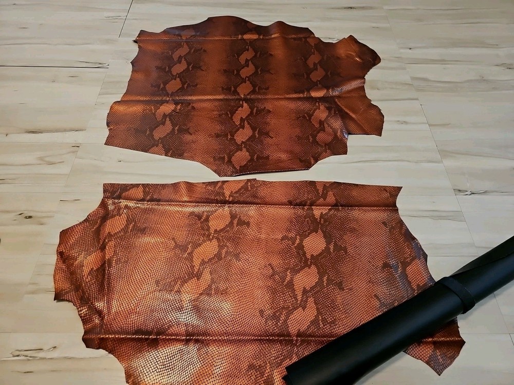 RUST COPPER BROWN SNAKESKIN PRINT SHEEPSKIN LAMBSKIN LEATHER HIDE PANEL,SHEET