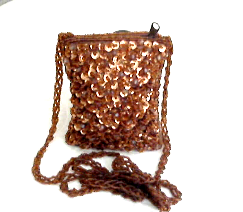 Small Copper Sequin/Bead Coin Purse 23" Braid Bead Strap 4"x3.5"