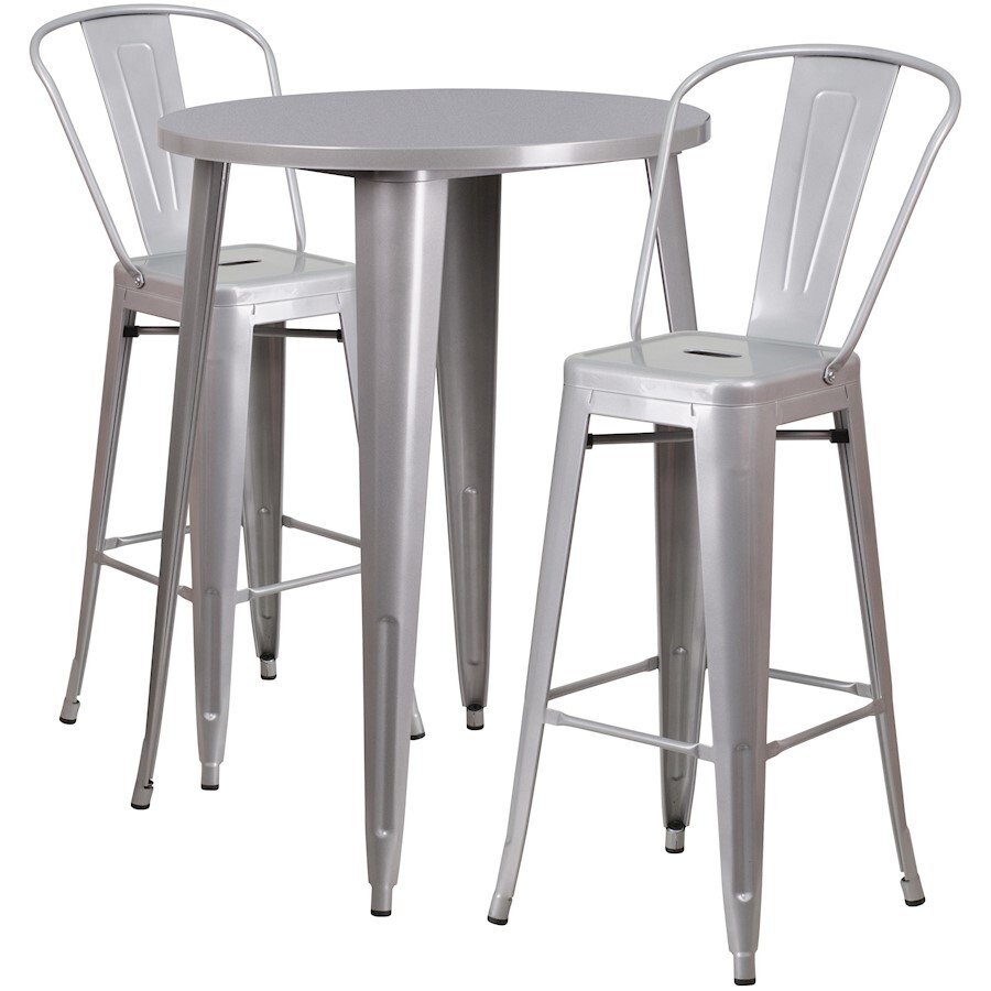 Flash Commercial Grade 30" Round Silver Metal Bar Table Set & 2 Cafe Stools